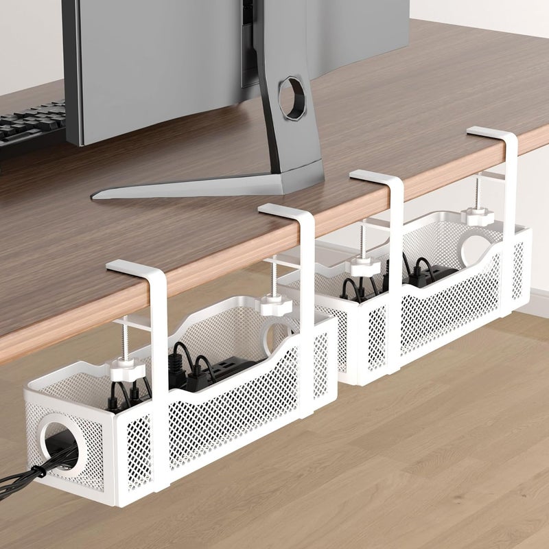 Cinati 2 Pack Under Desk Cable Management Box White, 26.8" Wire Organizers No Drill, Cord Organization Tray with Clamp for Office, Home - No Damage to Desk - Image 1